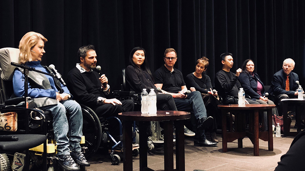 USC Disability Panel featuring Jenni Gold, David Renaud, Stephen Letnes, Kaitlyn Yang, Deborah Calla, and Tari Hartman Squire Image of people with disabilities gathered on stage for a discussion panel at USC.